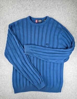 Vintage Chaps Blue Ribbed Crewneck Knit Sweater Pullover Men Large L 100% Cotton